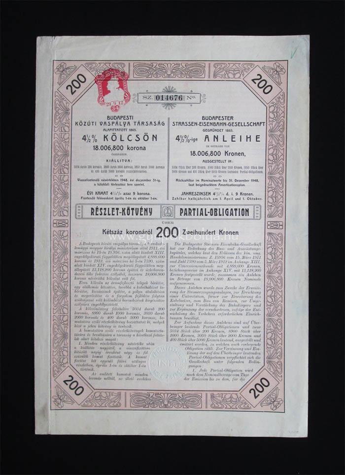 Budapesti Kzti Vasplya Trsasg 4,5% ktvny200 korona 1912